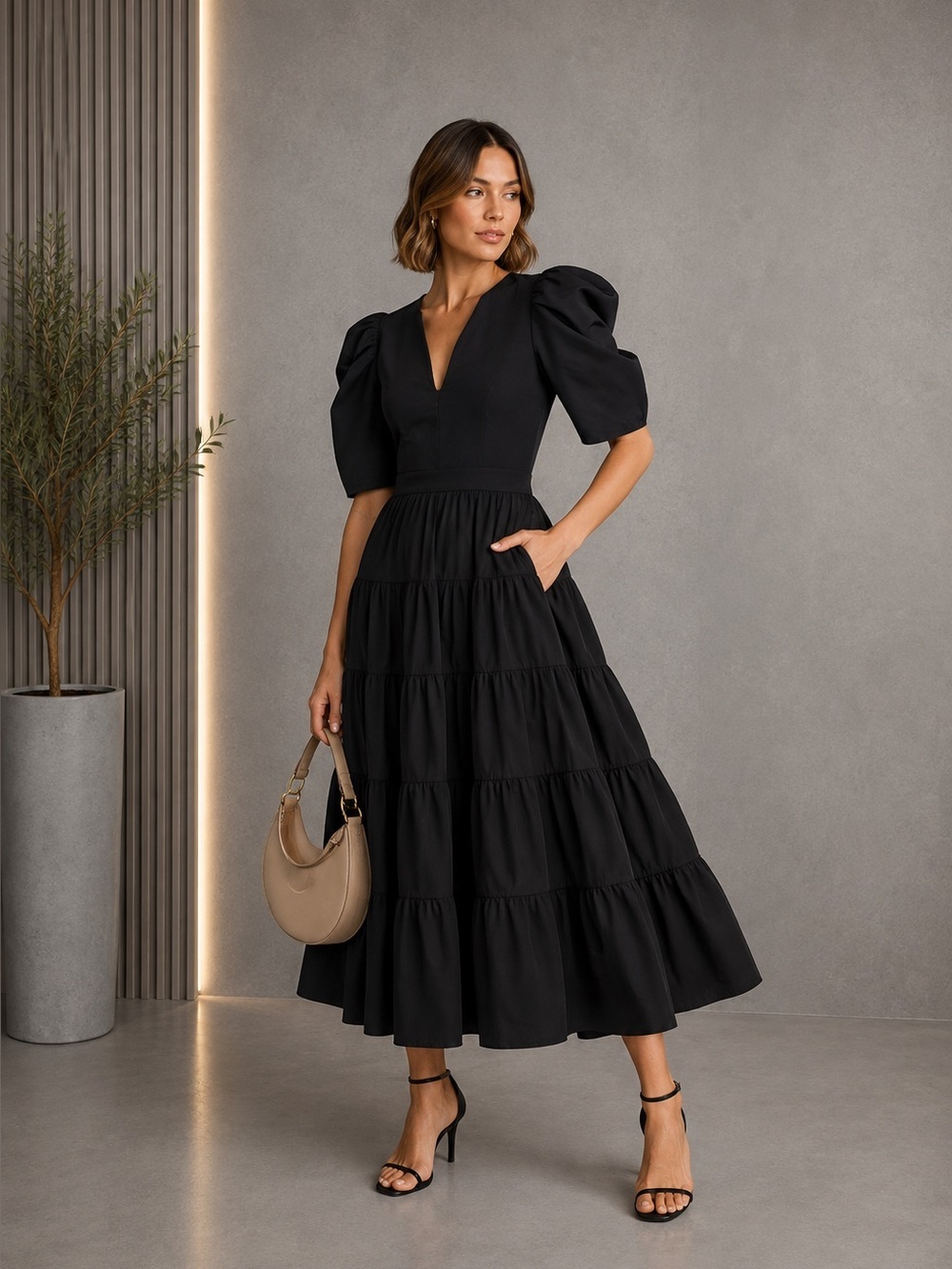 ULLA JOHNSON Rory Puff-sleeve Tiered Women's Midi Dress Noir Small B1058